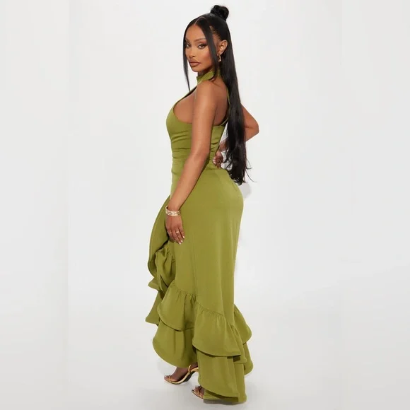 FASHIONNOVA Elegant Olive Green Halter Dress - Picture 3 of 5